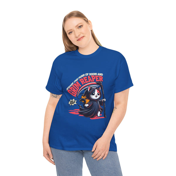 Cat Grim Reaper Unisex Heavy Cotton Tee - Purr of Doom Design