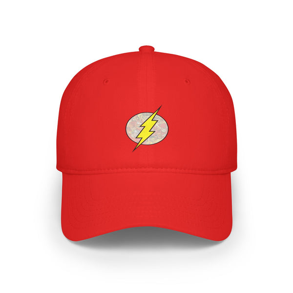 Stylish Red Low Profile Baseball Cap with Lightning Bolt Design