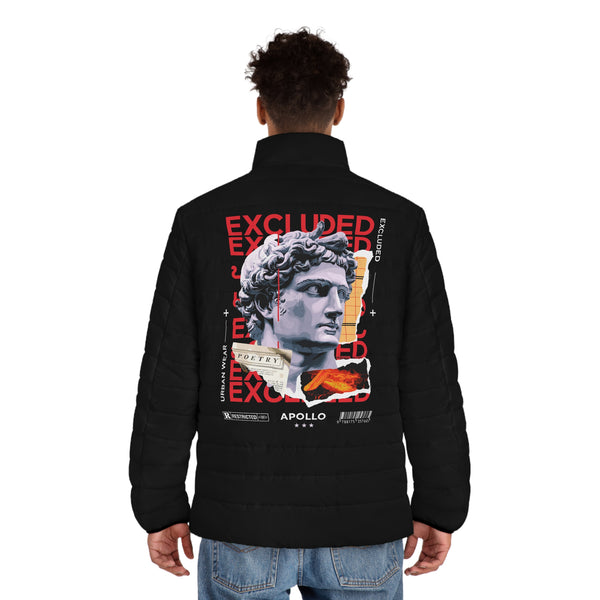 Men's Puffer Jacket with Artistic David Graphic - Stylish Winter Apparel