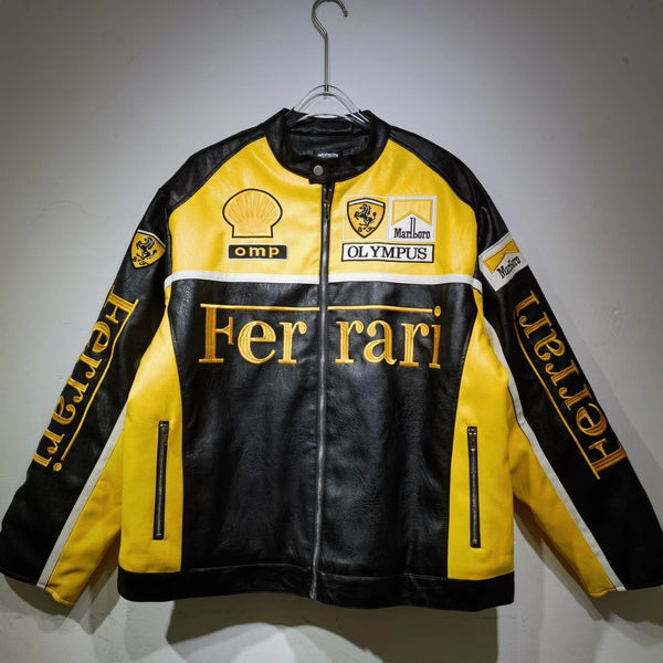 Ferrari Yellow-Black Leather Vintage Racing Jacket