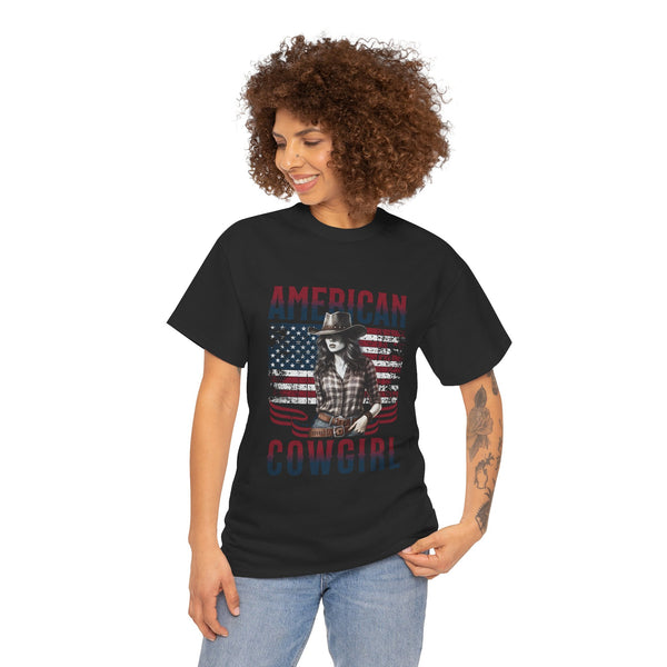 American Cowgirl Unisex Heavy Cotton Tee - Vintage Style USA Flag Graphic Shirt