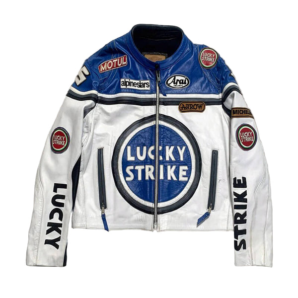 White leather jacket with Lucky Strike branding on a light gray background
