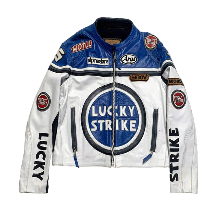 White leather jacket with Lucky Strike branding on a light gray background