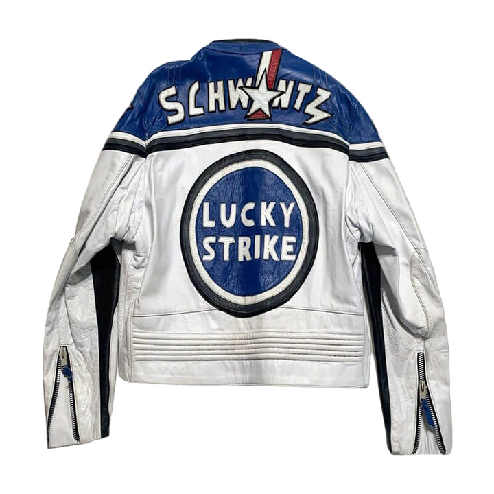 White leather jacket with 'Schwartz' and 'Lucky Strike' logos on a light background