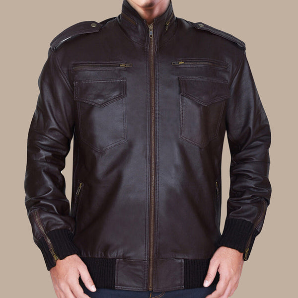 Men’s Dapper Brownish Leather Bomber Jacket