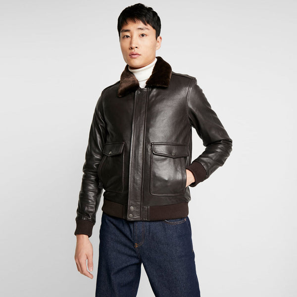 Men's Dark Brown Leather Fur Collar Bomber Jacket