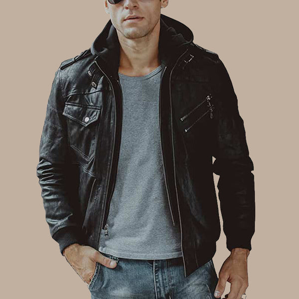 Men’s Black Bomber Leather Jacket with Hood