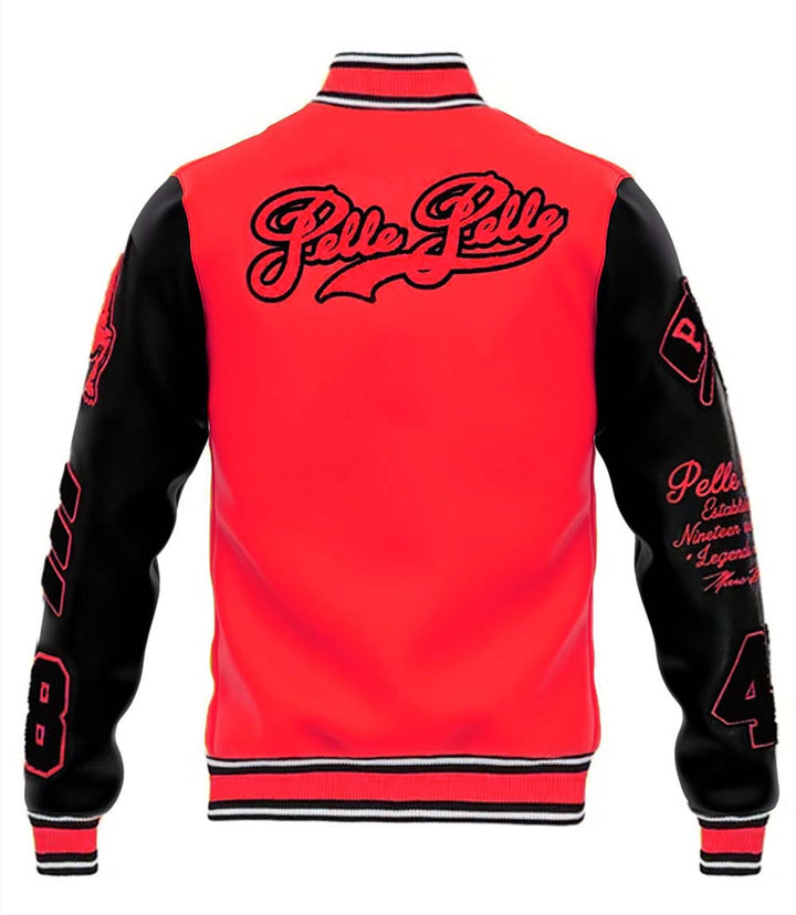 Red and black varsity jacket with branding on a white background
