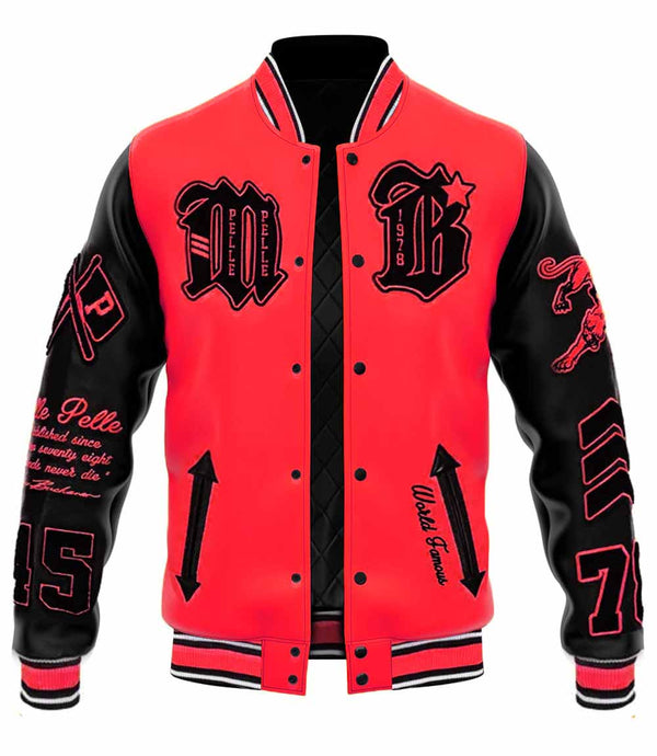 Red and black varsity jacket with logos and text on a white background