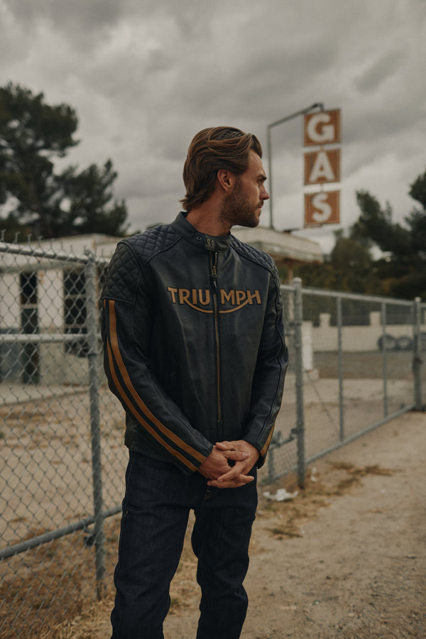 Triumph Braddan Gold Retro Air Race Black Leather Jacket