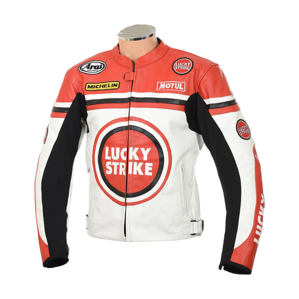 Motorcycle jacket with Lucky Strike and Michelin branding on a white background