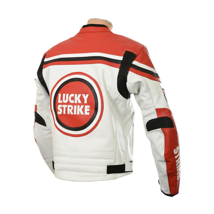 Red, white, and black jacket with 'Lucky Strike' logo on a textured white background