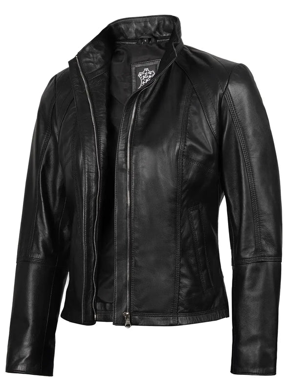 Acerra Women's Black Leather Cafe RacerMotorcycle Jacket