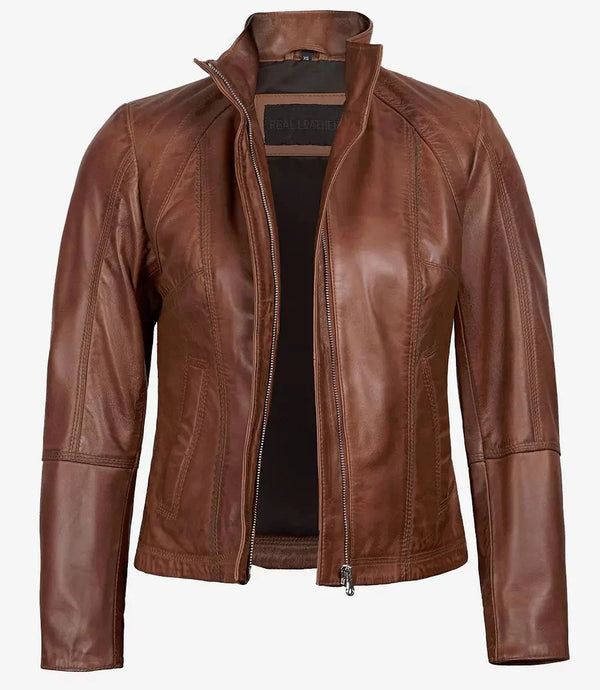 Acerra Womens Cognac Brown Biker Real Leather Jacket