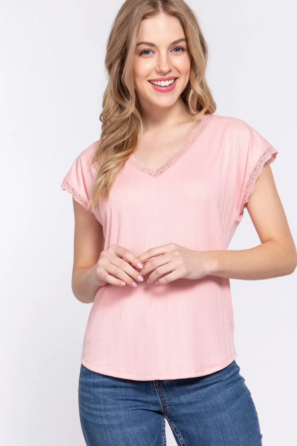 ACTIVE BASIC Lace Trim V - Neck Short Sleeve Ribbed Top - PINK - S - 48a6c675 - 6d93 - 4821 - 8ffb - cdad45f91d86 - Max - Tatoo Tee