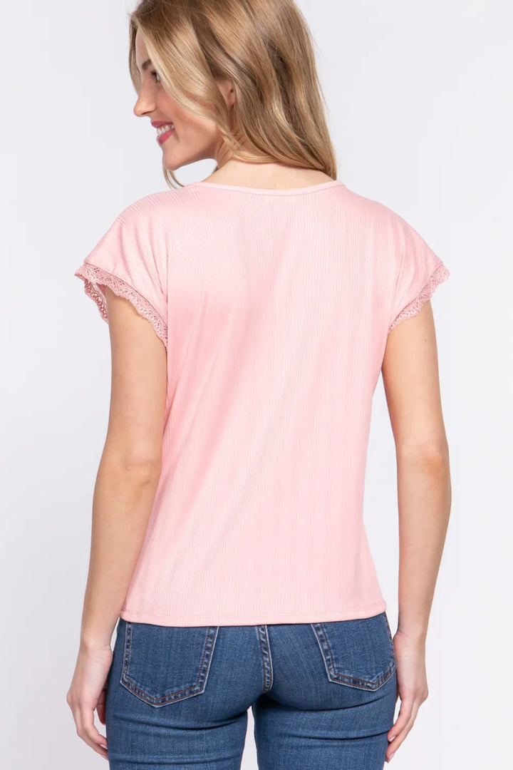 ACTIVE BASIC Lace Trim V - Neck Short Sleeve Ribbed Top - PINK - S - b10ce908 - 3ebd - 4144 - bfbf - 03fea0e0ab38 - Max - Tatoo Tee