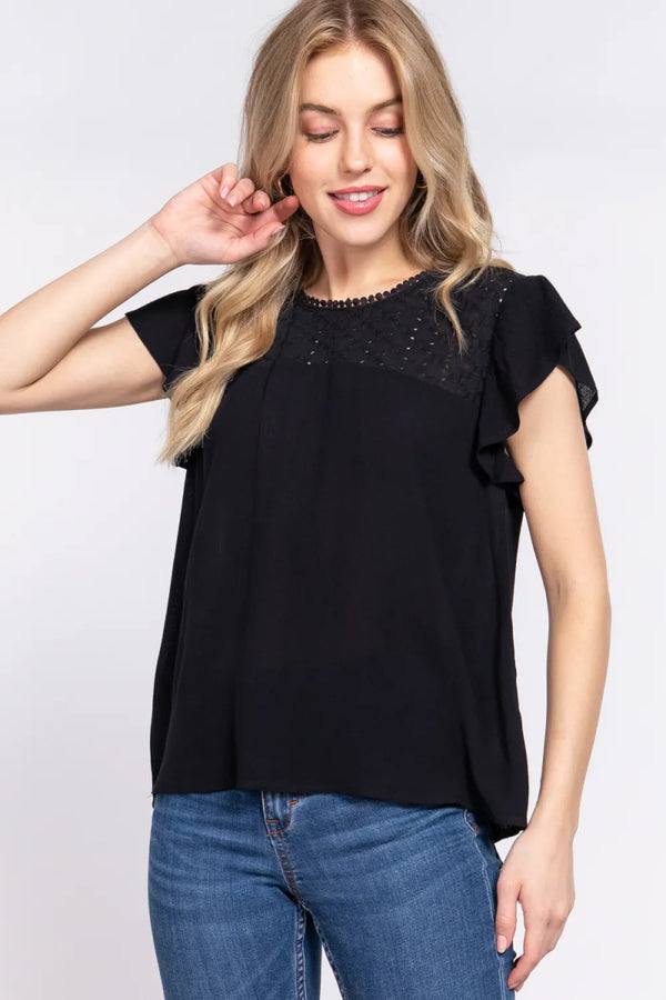 ACTIVE BASIC Ruffle Short Sleeve Crochet Blouse - Black - S - 8520e791 - 1da3 - 400e - 8475 - eaf14cc985c9 - Max - Tatoo Tee