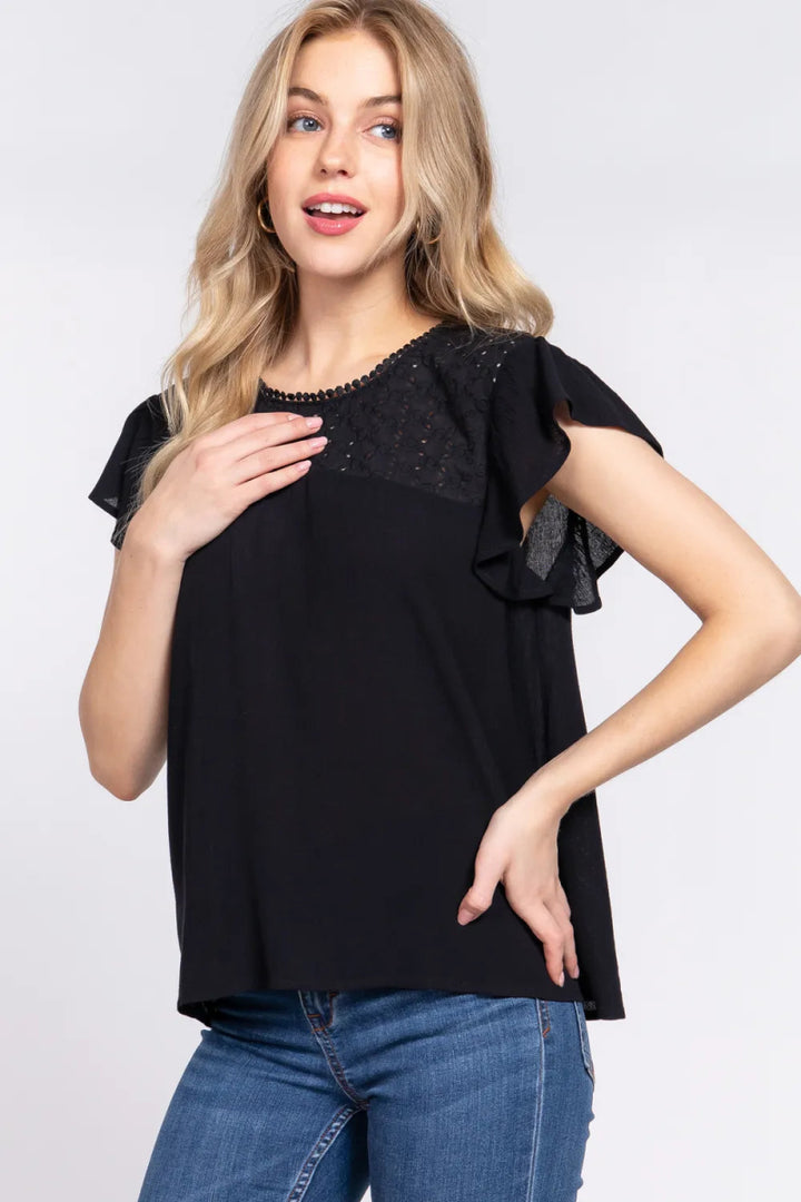 ACTIVE BASIC Ruffle Short Sleeve Crochet Blouse - Black - S - 027c3501 - 3774 - 4d03 - 92aa - 03dd2eebb313 - Max - Tatoo Tee