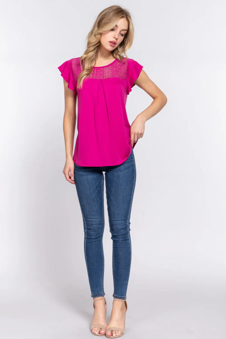 ACTIVE BASIC Ruffle Short Sleeve Lace Detail Knit Top - MAGENTA - S - d475f88b - 5744 - 4184 - 8dce - e9caf47dbc15 - Max - Tatoo Tee