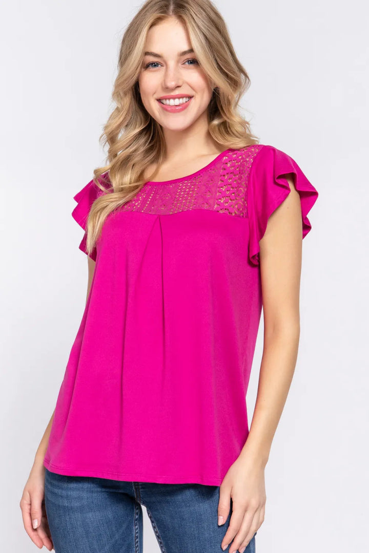 ACTIVE BASIC Ruffle Short Sleeve Lace Detail Knit Top - MAGENTA - S - 65bcc337 - 33c7 - 4f57 - b29d - 1aa31e88f357 - Max - Tatoo Tee