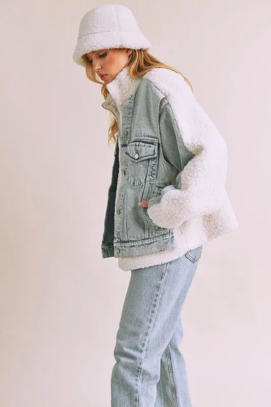 Aemi + Co Denim Washed Drop Shoulder Sherpa Fake Two Pieces Jacket - Denim/White - S - c21025e8 - fa05 - 49a4 - 9bc6 - afb4d06061d0 - Max - Tatoo Tee