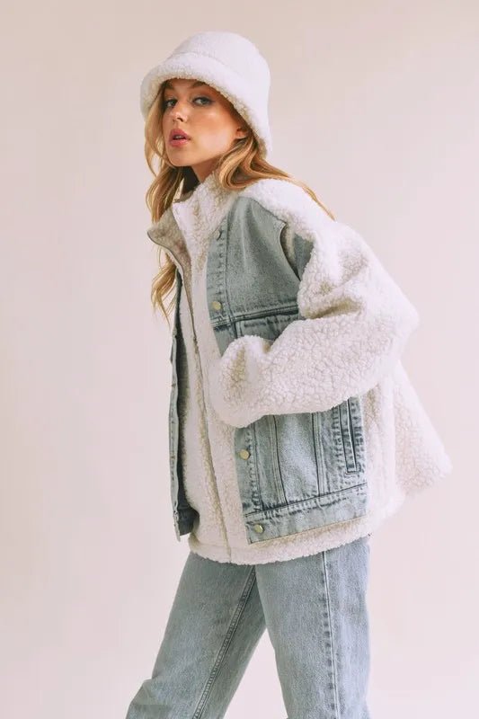 Aemi + Co Denim Washed Drop Shoulder Sherpa Fake Two Pieces Jacket - Denim/White - S - c3c4a2ba - ef20 - 4af1 - a028 - 5be59dd364c4 - Max - Tatoo Tee