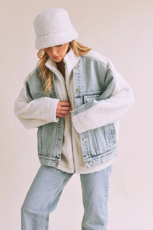 Aemi + Co Denim Washed Drop Shoulder Sherpa Fake Two Pieces Jacket - Denim/White - S - 793e8c60 - fb41 - 482a - b0e3 - 7285a69a417b - Max - Tatoo Tee