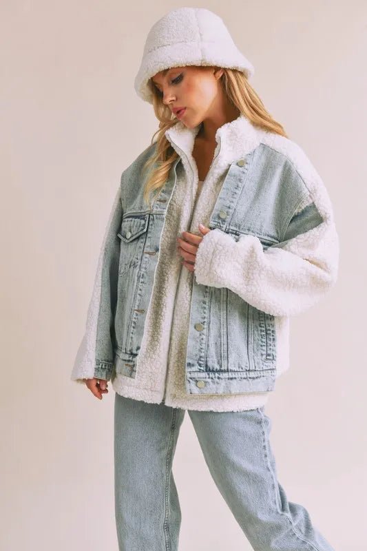 Aemi + Co Denim Washed Drop Shoulder Sherpa Fake Two Pieces Jacket - Denim/White - S - 464f3b9c - 59bc - 4dbe - b084 - 0c4c1d7b15d4 - Max - Tatoo Tee