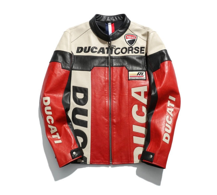 Ducati leather jacket with branding on a white background