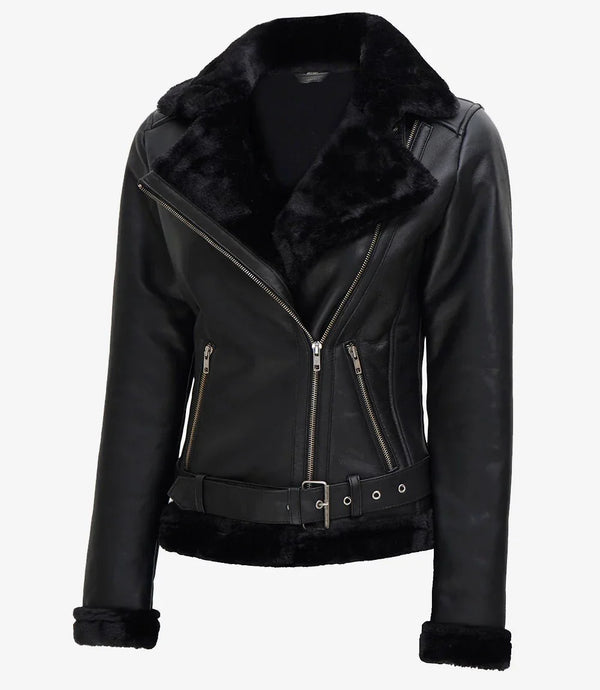 Agnes Womens Black Asymmetrical Leather Shearling Jacket