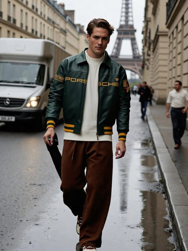 Aime Leon Dore × Porsche 993 Leather Jacket - Male - Dark Green - XS - Aime Leon Dore × Porsche 993 Leather Jacket - Tatoo Tee