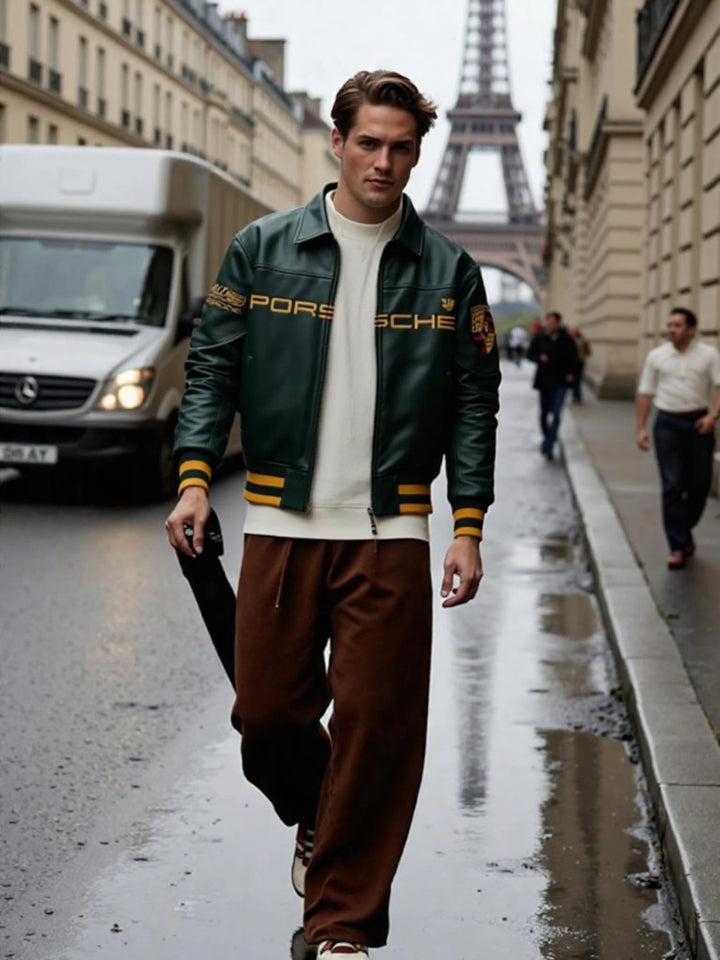 Aime Leon Dore × Porsche 993 Leather Jacket - Male - Dark Green - XS - Aime Leon Dore × Porsche 993 Leather Jacket - Tatoo Tee