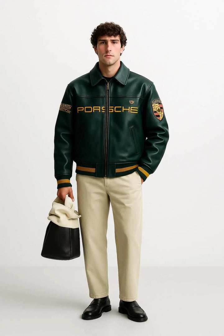 Aime Leon Dore × Porsche 993 Leather Jacket - Male - Dark Green - XS - Aime Leon Dore × Porsche 993 Leather Jacket - Tatoo Tee