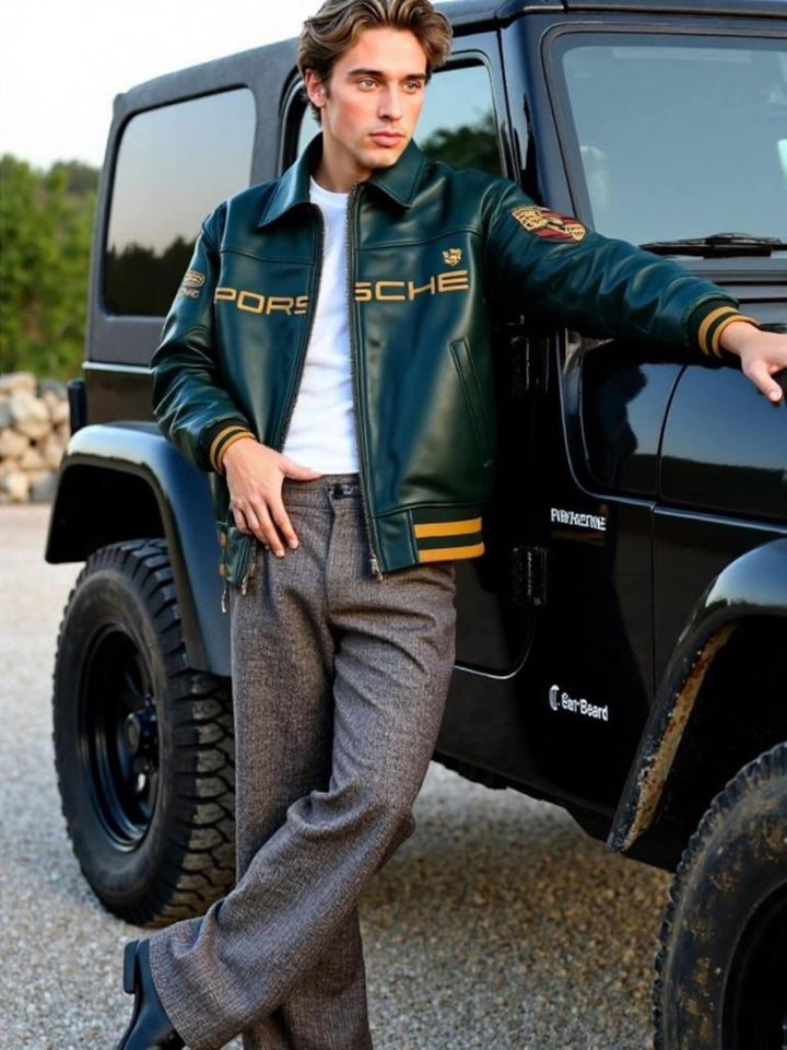 Aime Leon Dore × Porsche 993 Leather Jacket - Male - Dark Green - XS - Aime Leon Dore × Porsche 993 Leather Jacket - Tatoo Tee