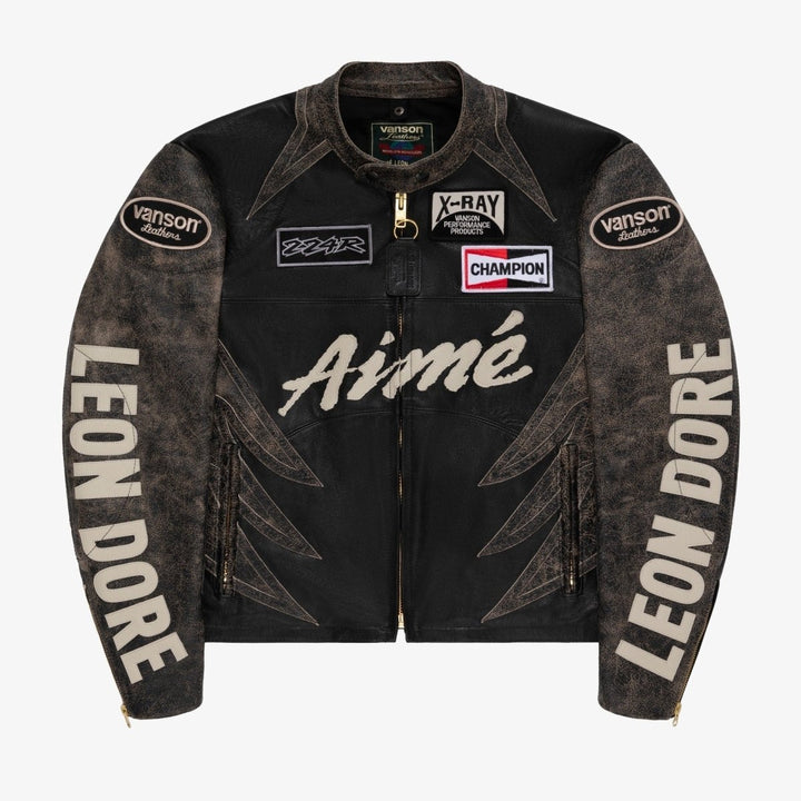 ALD Vanson Distressed Leather Moto Jacket - JET BLACK - XS - ALD Vanson Distressed Leather Moto Jacket - Tatoo Tee