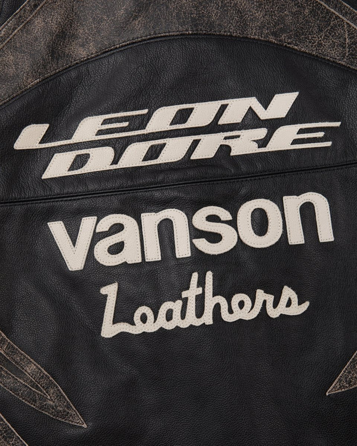 ALD Vanson Distressed Leather Moto Jacket - JET BLACK - XS - ALD Vanson Distressed Leather Moto Jacket - Tatoo Tee