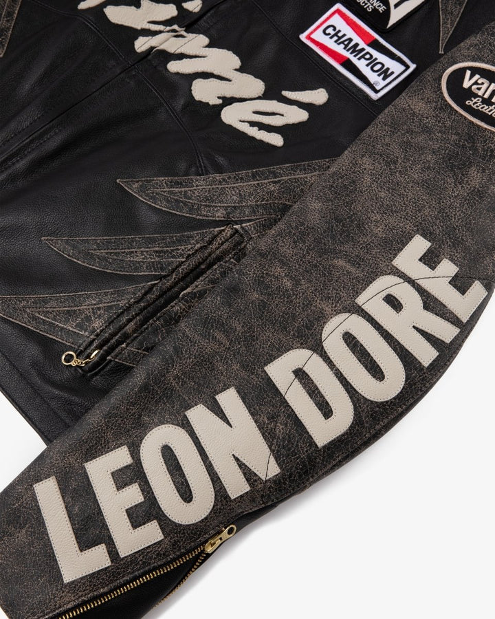 ALD Vanson Distressed Leather Moto Jacket - JET BLACK - XS - ALD Vanson Distressed Leather Moto Jacket - Tatoo Tee