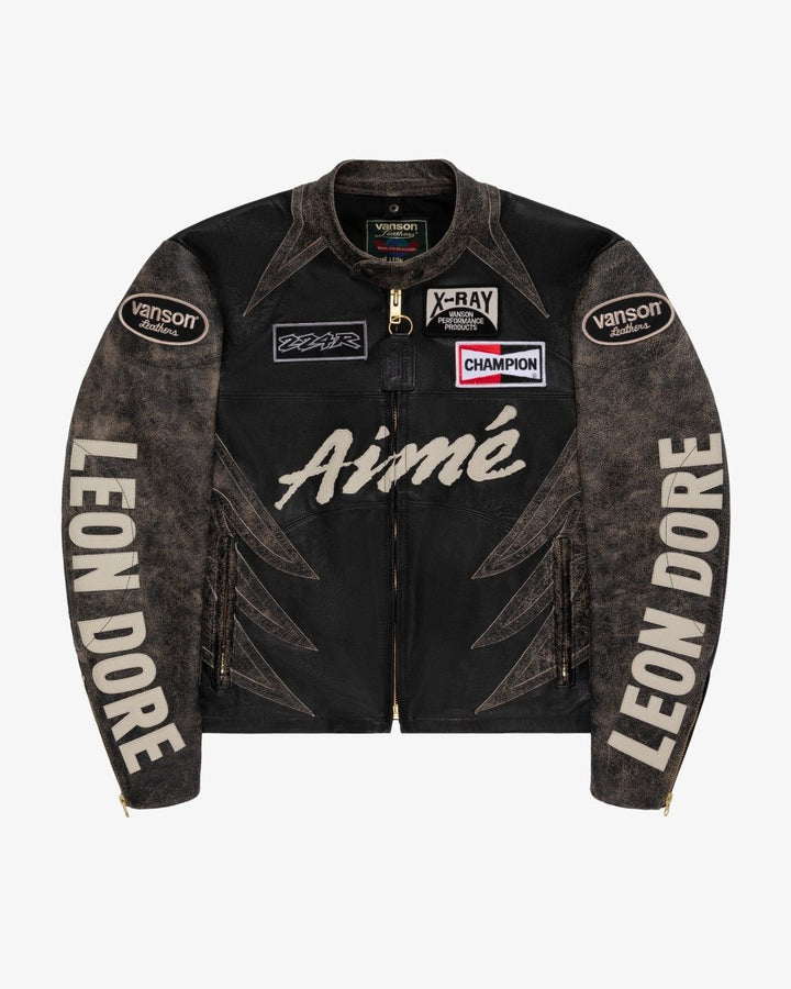 ALD Vanson Distressed Leather Moto Jacket - JET BLACK - XS - ALD Vanson Distressed Leather Moto Jacket - Tatoo Tee