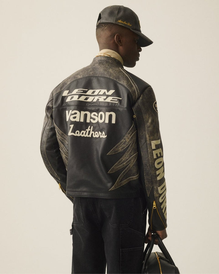 ALD Vanson Distressed Leather Moto Jacket - JET BLACK - XS - ALD Vanson Distressed Leather Moto Jacket - Tatoo Tee