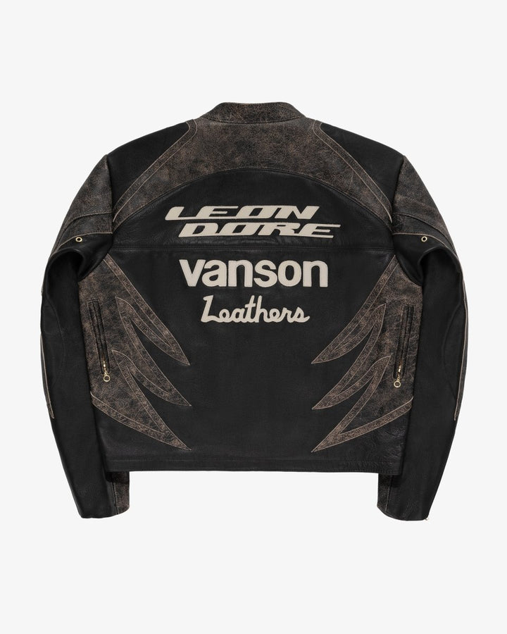 ALD Vanson Distressed Leather Moto Jacket - JET BLACK - XS - ALD Vanson Distressed Leather Moto Jacket - Tatoo Tee