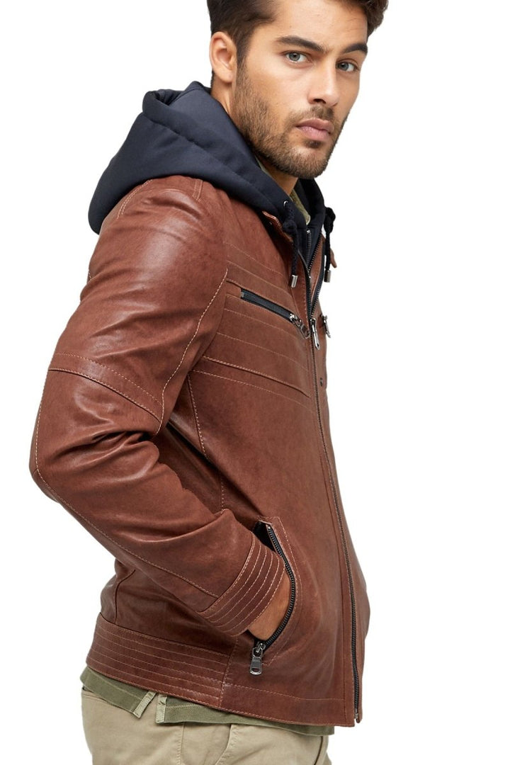 Alexandre Cunha Men’s 100% Real Brown Leather Hooded Jacket - XS - Alexandre Cunha Men’s 100% Real Brown Leather Hooded Jacket - Tatoo Tee