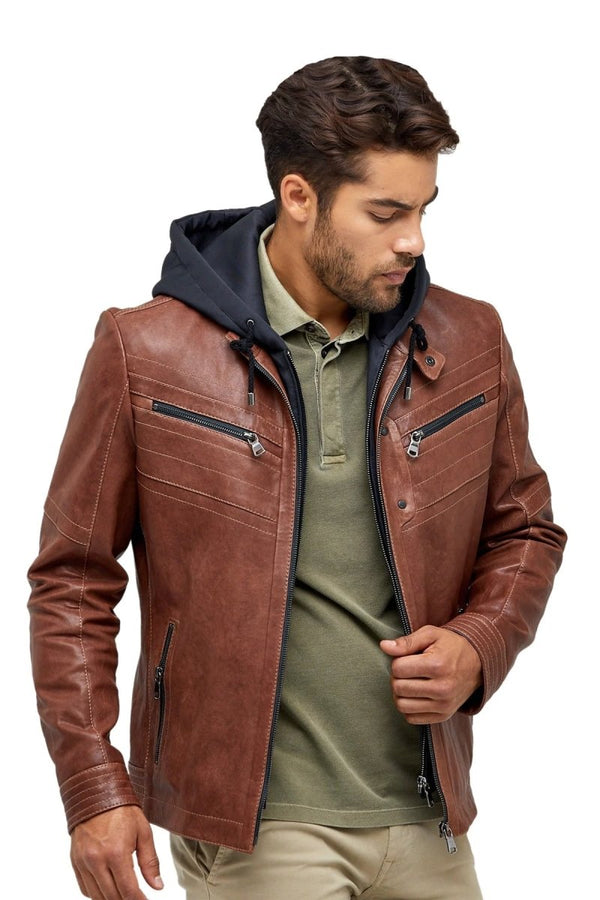 Alexandre Cunha Men’s 100% Real Brown Leather Hooded Jacket - XS - Alexandre Cunha Men’s 100% Real Brown Leather Hooded Jacket - Tatoo Tee