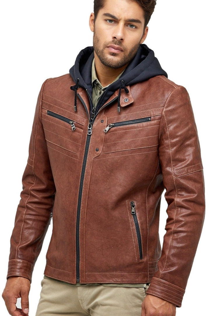 Alexandre Cunha Men’s 100% Real Brown Leather Hooded Jacket - XS - Alexandre Cunha Men’s 100% Real Brown Leather Hooded Jacket - Tatoo Tee