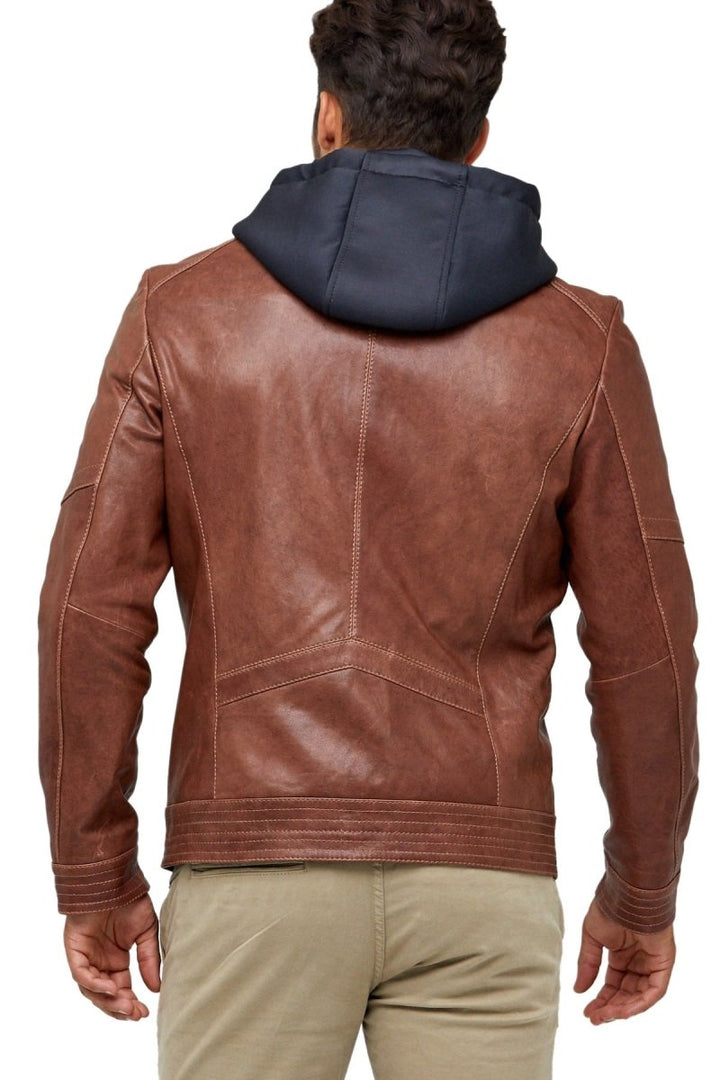 Alexandre Cunha Men’s 100% Real Brown Leather Hooded Jacket - XS - Alexandre Cunha Men’s 100% Real Brown Leather Hooded Jacket - Tatoo Tee