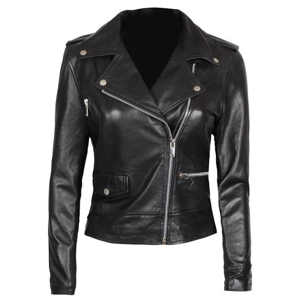 Amber Womens Asymmetrical Black Biker Leather Jacket