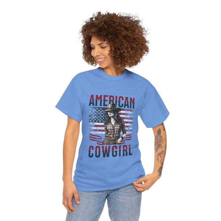 American Cowgirl Unisex Heavy Cotton Tee - Vintage Style USA Flag Graphic Shirt - Carolina Blue - S - American Cowgirl Unisex Heavy Cotton Tee - Vintage Style USA Flag Graphic Shirt - Tatoo Tee