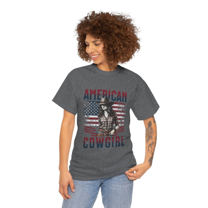 American Cowgirl Unisex Heavy Cotton Tee - Vintage Style USA Flag Graphic Shirt - Graphite Heather - S - American Cowgirl Unisex Heavy Cotton Tee - Vintage Style USA Flag Graphic Shirt - Tatoo Tee