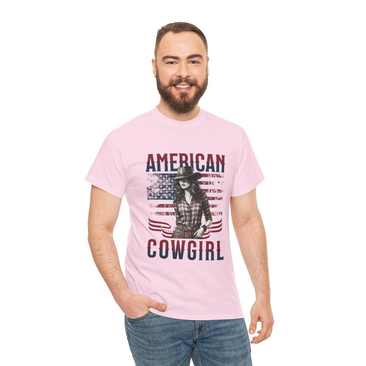 American Cowgirl Unisex Heavy Cotton Tee - Vintage Style USA Flag Graphic Shirt - Heliconia - S - American Cowgirl Unisex Heavy Cotton Tee - Vintage Style USA Flag Graphic Shirt - Tatoo Tee