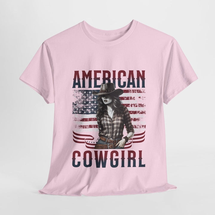 American Cowgirl Unisex Heavy Cotton Tee - Vintage Style USA Flag Graphic Shirt - Heliconia - S - American Cowgirl Unisex Heavy Cotton Tee - Vintage Style USA Flag Graphic Shirt - Tatoo Tee
