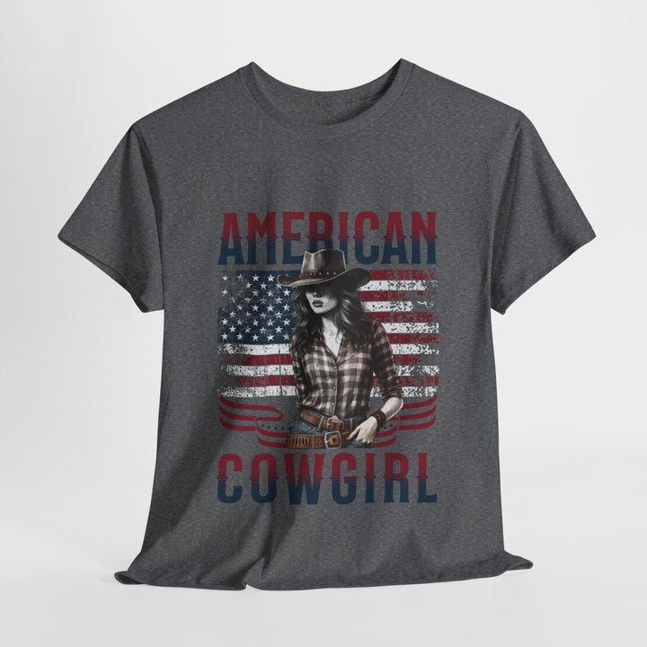 American Cowgirl Unisex Heavy Cotton Tee - Vintage Style USA Flag Graphic Shirt - Heliconia - S - American Cowgirl Unisex Heavy Cotton Tee - Vintage Style USA Flag Graphic Shirt - Tatoo Tee